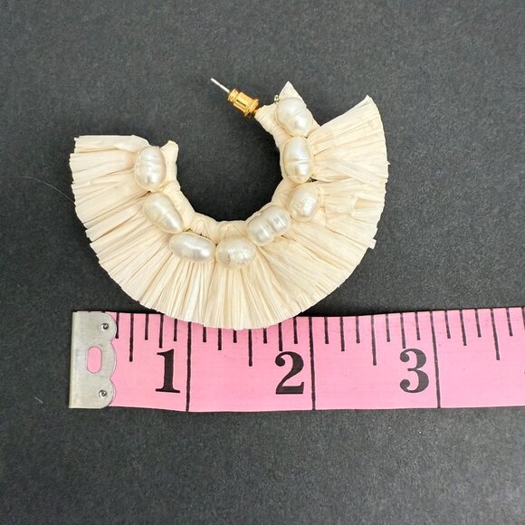 Anthropologie Raffia & Freshwater Pearl Statement Hoop Earrings Boho - Picture 3 of 8